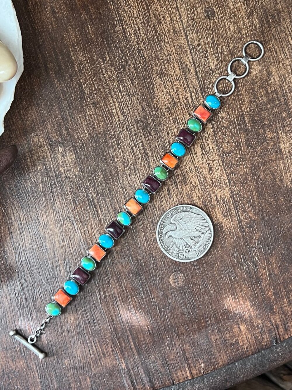 Sterling Silver Electric Rainbow Link Turquoise and Spiny Oyster Bracelet by Tho
